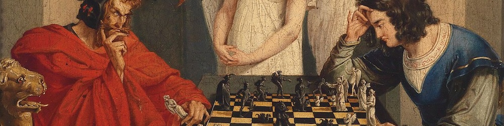 A painting of Faust and Mephistopheles playing chess
